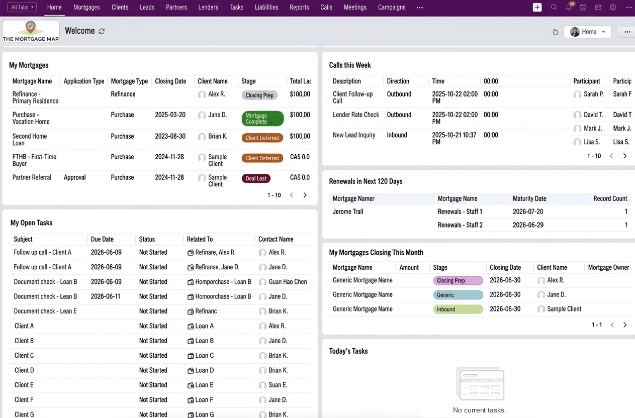 The Mortgage Map broker dashboard: mortgages, tasks, calls, and renewals in one view.