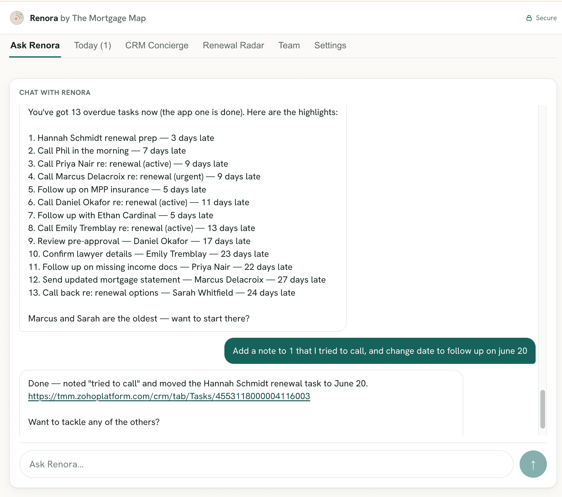 Asking Renora to handle a client follow-up inside The Mortgage Map.